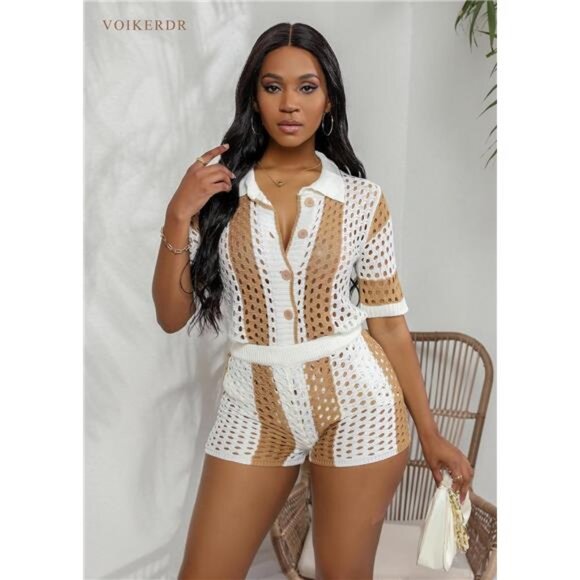 Women's 2-Piece Knitted Shorts Set -Beach Vacation Outfit, Short Sleeve Summer - Picture 3 of 7